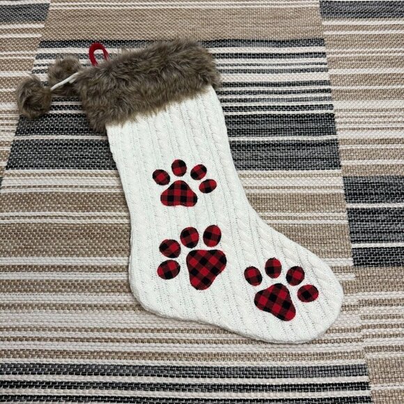 Pet Accessories Christmas Stocking Paw Print Cable Knit Faux Fur White Multi - Picture 1 of 7